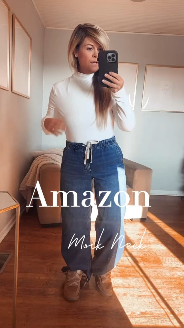 Amazon mock neck 
Wide leg jeans size medium 
White fitted tops to wear with Uggs and your wide leg jeans 

#LTKFindsUnder50 #LTKGiftGuide #LTKFindsUnder100