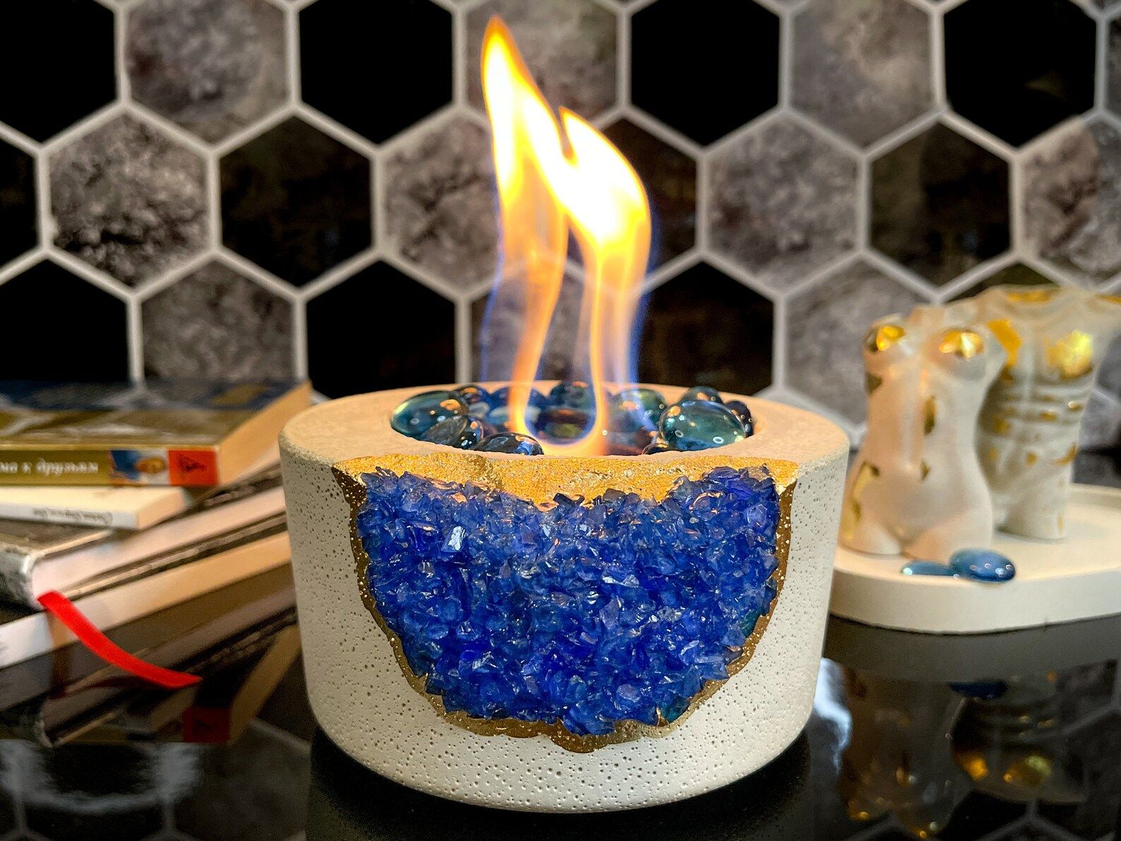Tabletop Fireplace with Navy Blue Crystals | Indoor Fire Bowl | Fire Pit Outdoor Decor Portable T... | Etsy (US)