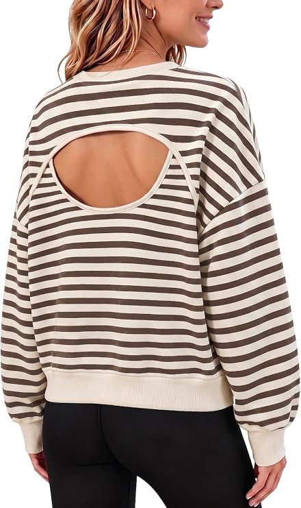 Fisoew Womens Oversized Striped Sweatshirts Casual Open Back Pullover Tops | Amazon (US)