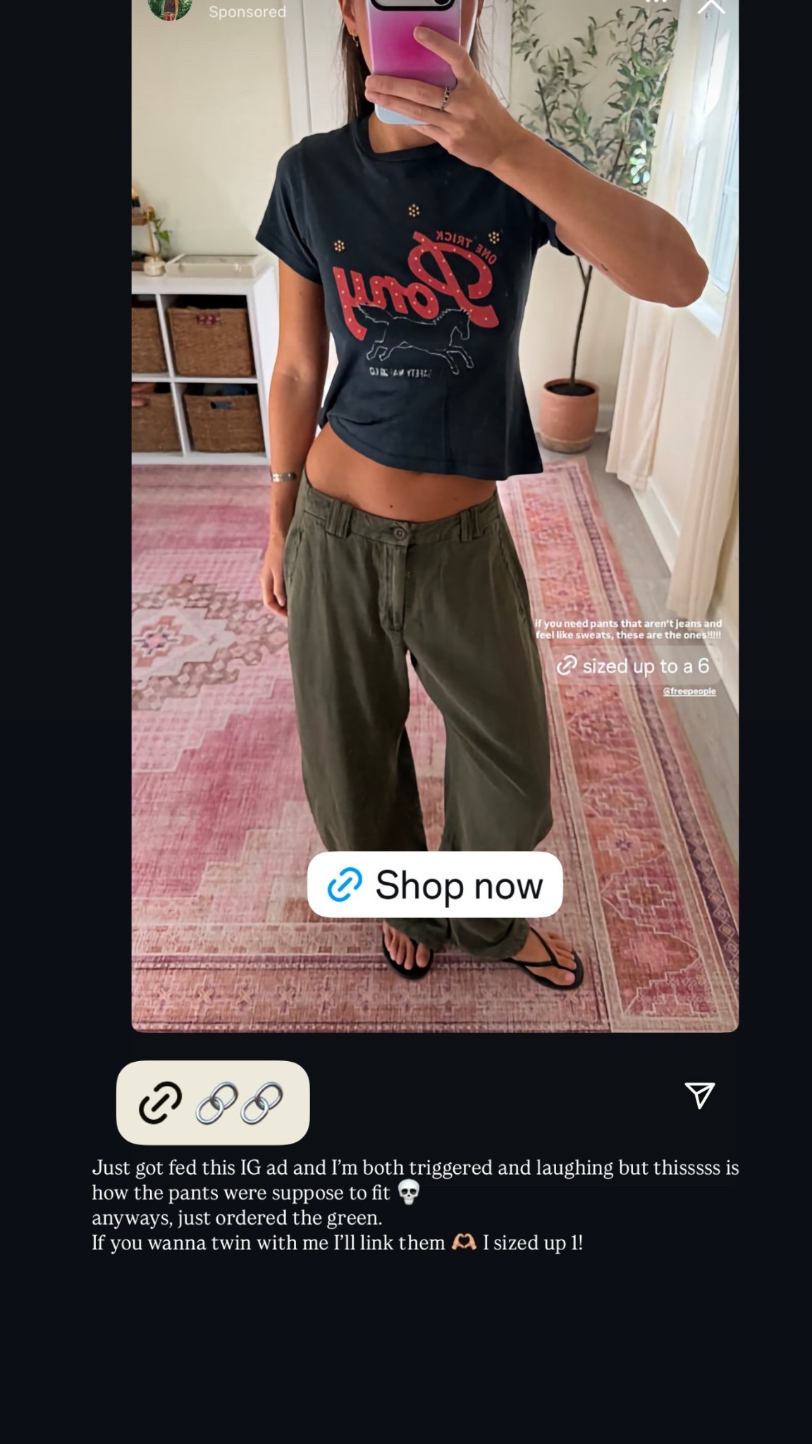Just got fed this IG ad and I’m both triggered and laughing but thisssss is how the pants were suppose to fit 💀 
anyways, just ordered the green. 
If you wanna twin with me I’ll link them 🫶🏼 I sized up 1!