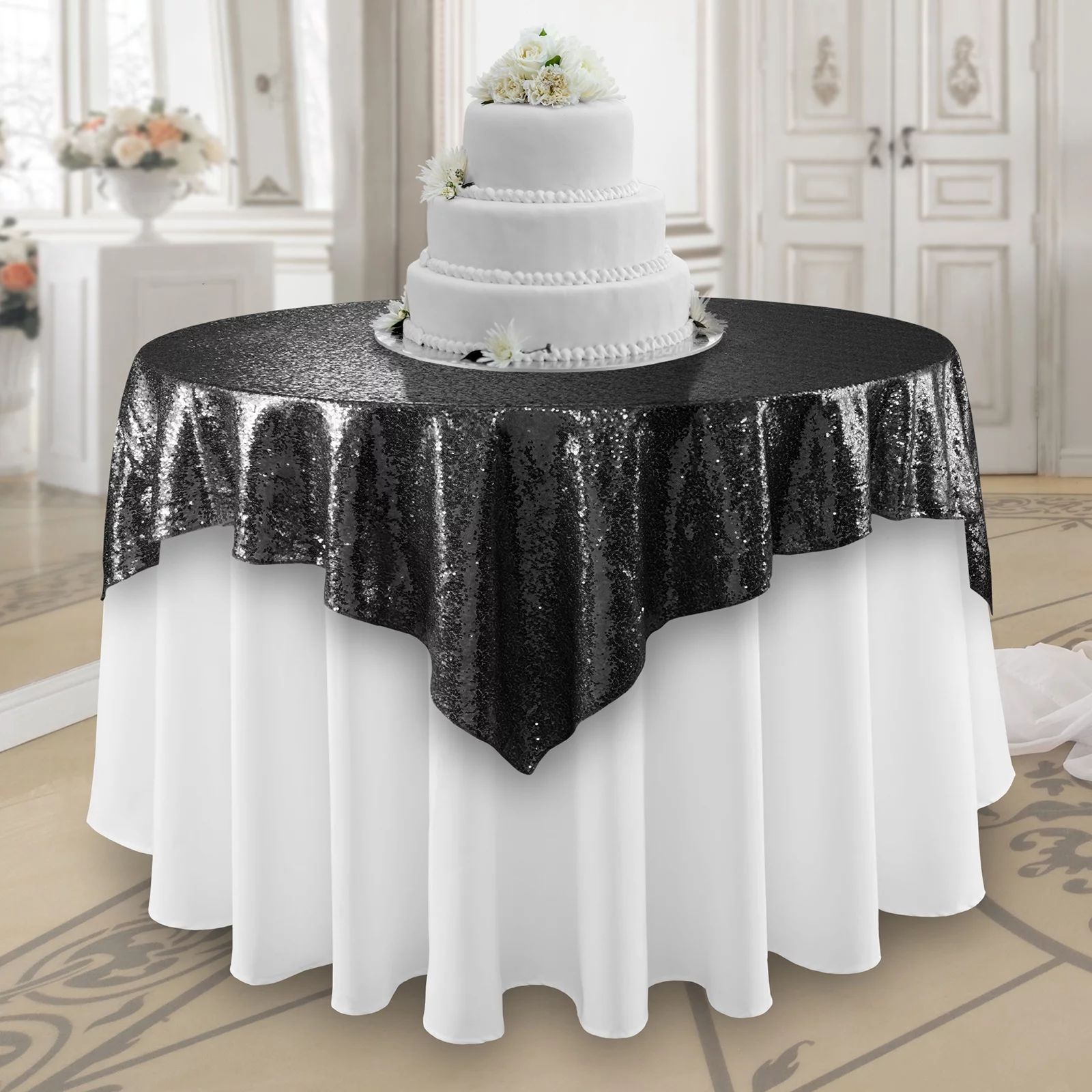 Lann's Linens 50" x 50" Black Sequin Tablecloth Overlay, Sparkly Square Table Cloth for Wedding, ... | Walmart (US)