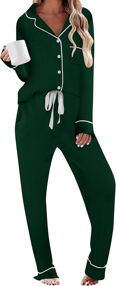 HNG Pajamas for Women Set 2 Piece Pj Set Long Sleeve Button Up Lounge Sets Sleepwear with Pockets... | Amazon (US)