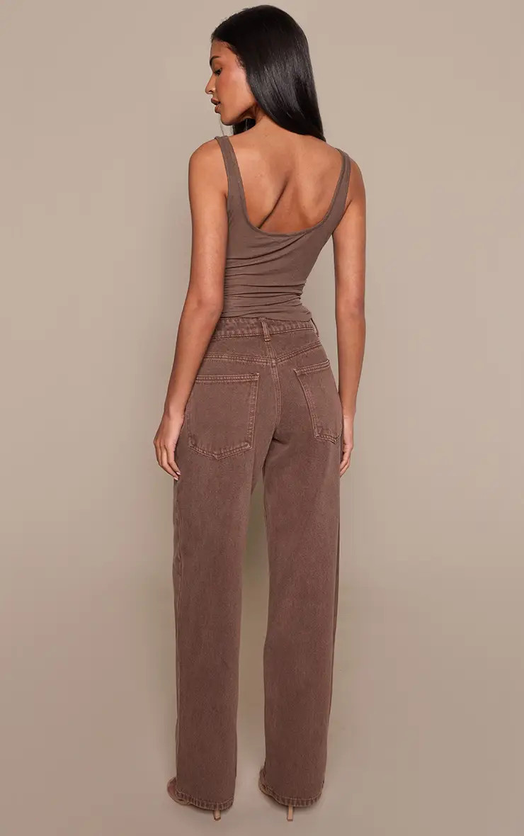 Washed Brown Tall Washed Brown Mid Rise Wide Leg Jeans | PrettyLittleThing USA | PrettyLittleThing US
