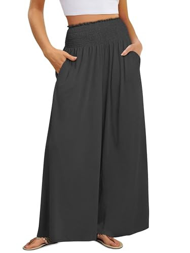 KISSMODA Women Casual Wide Leg Pants Comfort High Waist Long Palazzo Pants Summer Beach Vacation Lounge Trousers Gray M | Amazon (US)