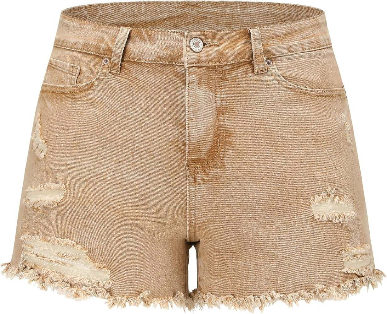 THUNDER STAR Women Mid Rise Ripped Stretchy Jeans Shorts Frayed Raw Hem Casual Denim Shorts | Amazon (US)