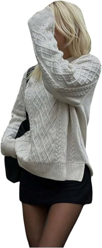 Women's Cable Knit Sweater Crew Neck Long Sleeve Loose Pullover Jumpers | Amazon (US)