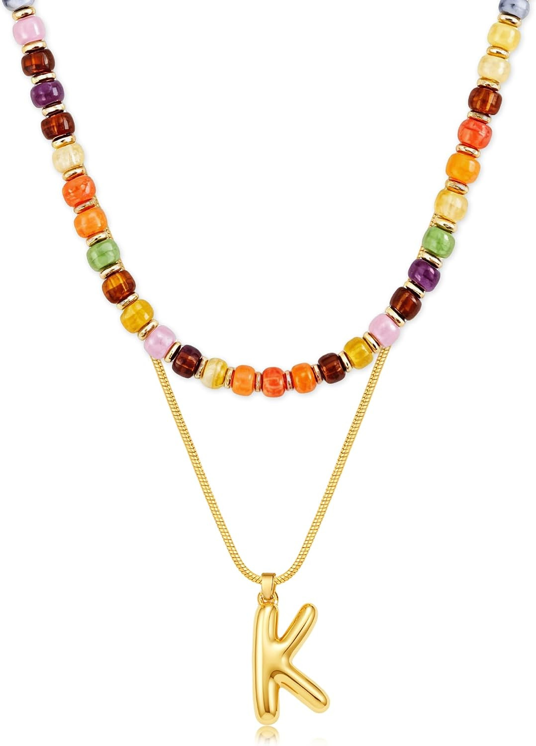 Layered Initial Necklaces for Women, 14K Gold Plated Bubble Letter Pendant Choker with Chunky Orange Beaded Necklace, 2-in-1 Trendy Boho Y2K Jewelry Set, Summer Beach to Fall Thanksgiving Gift for Her | Amazon (US)