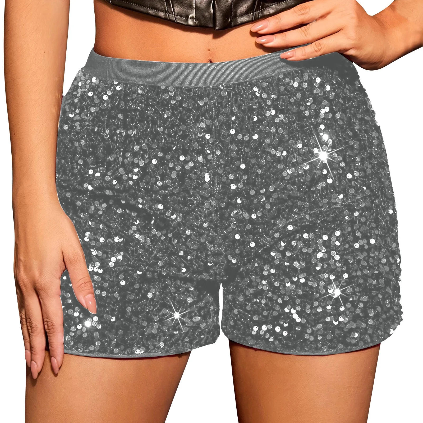 Womens Sequin Shorts Elastic High Waisted Sparkly Straight Legs Shorts Fashion Solid Color Glitte... | Walmart (US)