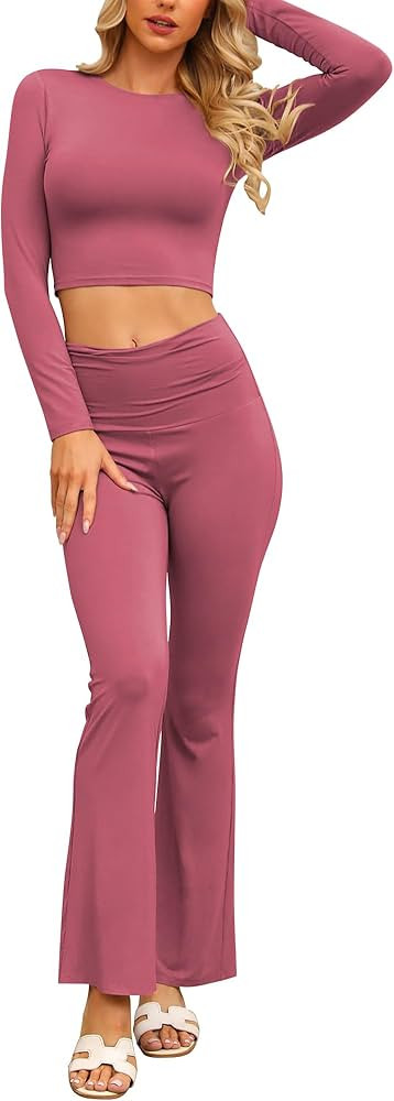 DCGJRAS Lounge Sets For Women with Fold-Over Flare Pants,Long Sleeve Cropped Top - Comfortable Ca... | Amazon (US)
