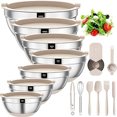 Mixing Bowls with Airtight Lids, 20 piece Stainless Steel Metal Nesting Bowls, AIKKIL Non-Slip Silic | Amazon (US)