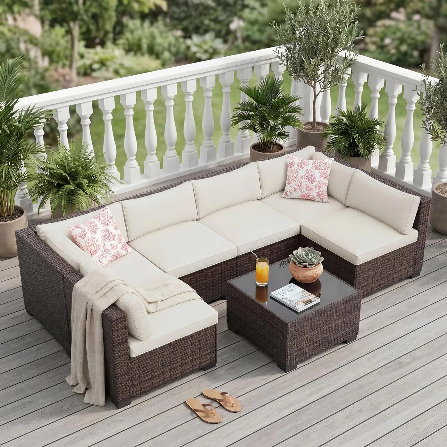 7-Piece All-Weather Outdoor Sectional Sofa Set, Waterproof Wicker Patio Furniture with Removable ... | Wayfair North America