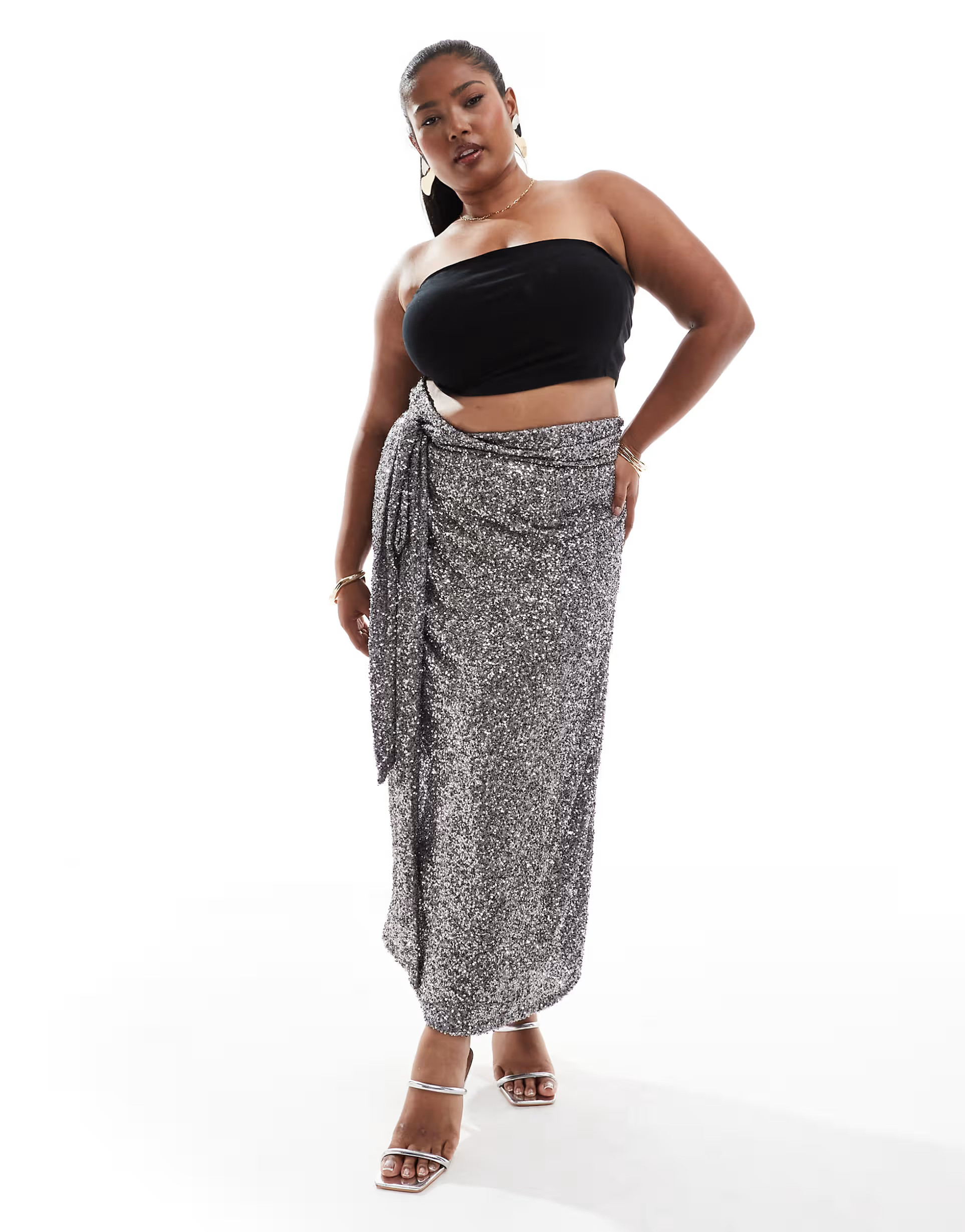 Never Fully Dressed Plus Jaspre sequin maxi skirt in charcoal | ASOS (Global)