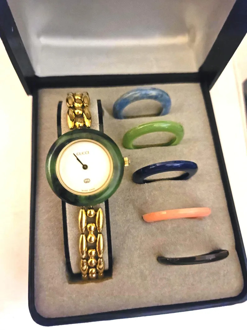 Vintage NEAR MINT Gucci 18kt Gold Plated Bezel Watch With Rice Link Bracelet and 6 New, Old Stock... | Etsy (US)