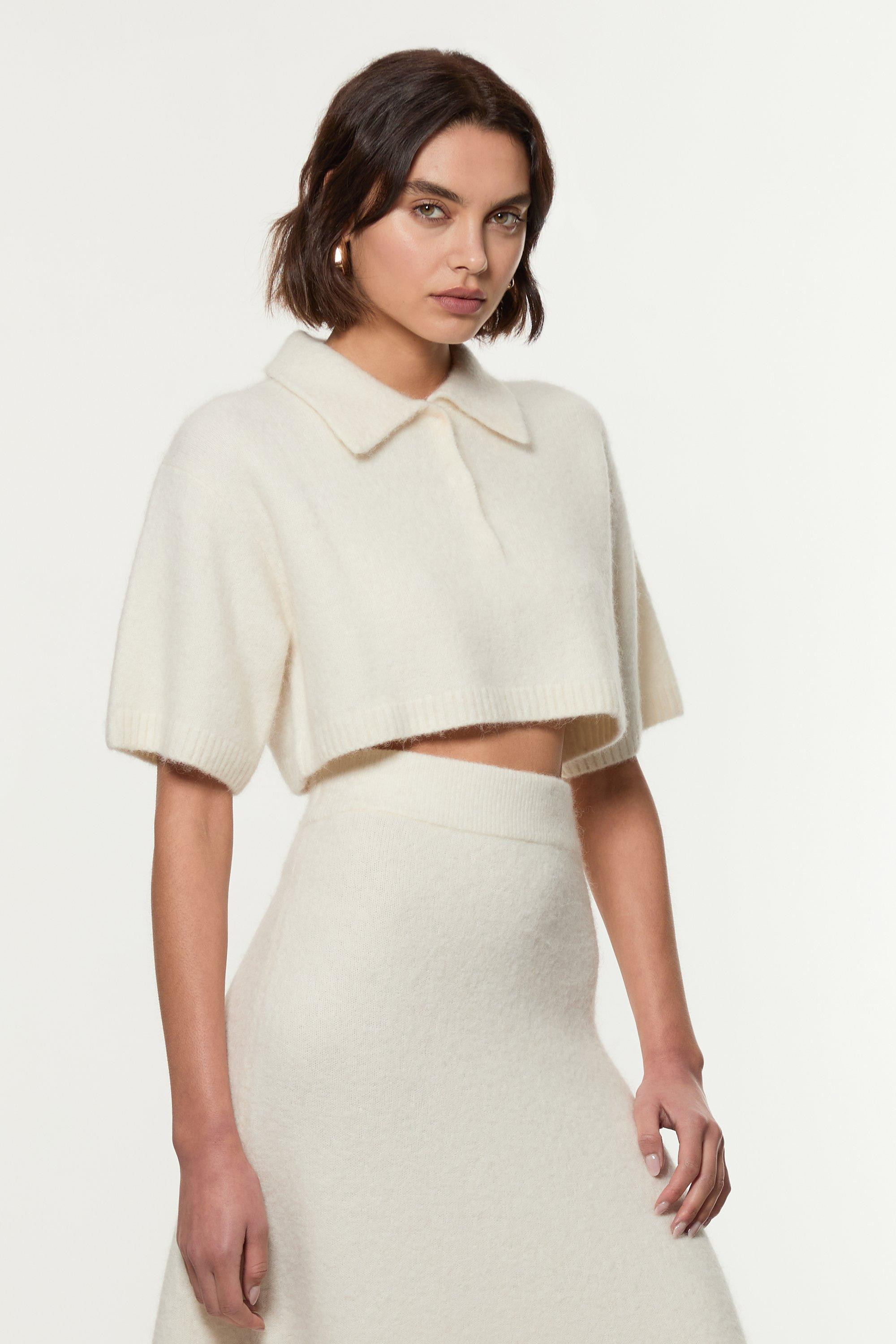 Alpaca Wool Fluffy Knit Polo Top | Karen Millen UK + IE + DE + NL