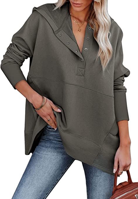 AlvaQ Women Casual Button V Neck Hoodies Oversized Pullover Sweatshirt Hooded Tops with Pockets | Amazon (US)