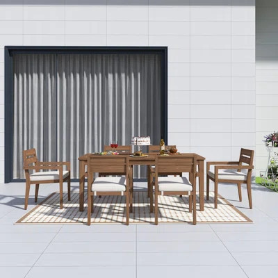 7 Pieces Outdoor Acacia Wood Patio Dining Set, With 6 Chairs And 1 Large Table, Stackable Chair,Removable Cushion And Cushion Cover,Easy To Install | Wayfair North America