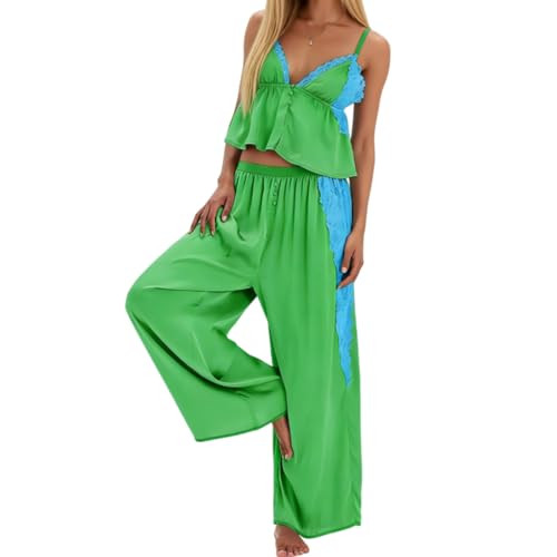 Giraropa Womens Lace Trim Satin Set 2 Piece Ruffle Cami Tops and Wide Leg Pants Lounge Outfits Pj... | Amazon (US)