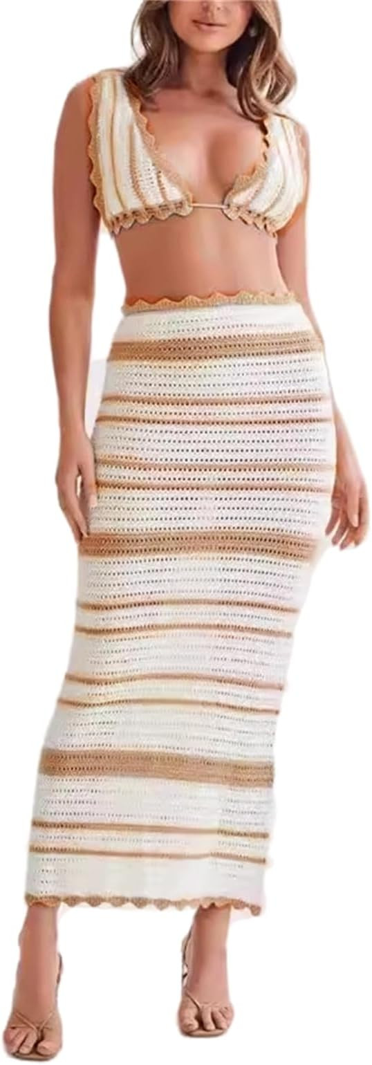 Crochet Knit 2 Piece Skirt Set for Women Knit Top Striped Bodycon Long Skirt Beach Cover Up Stree... | Amazon (US)