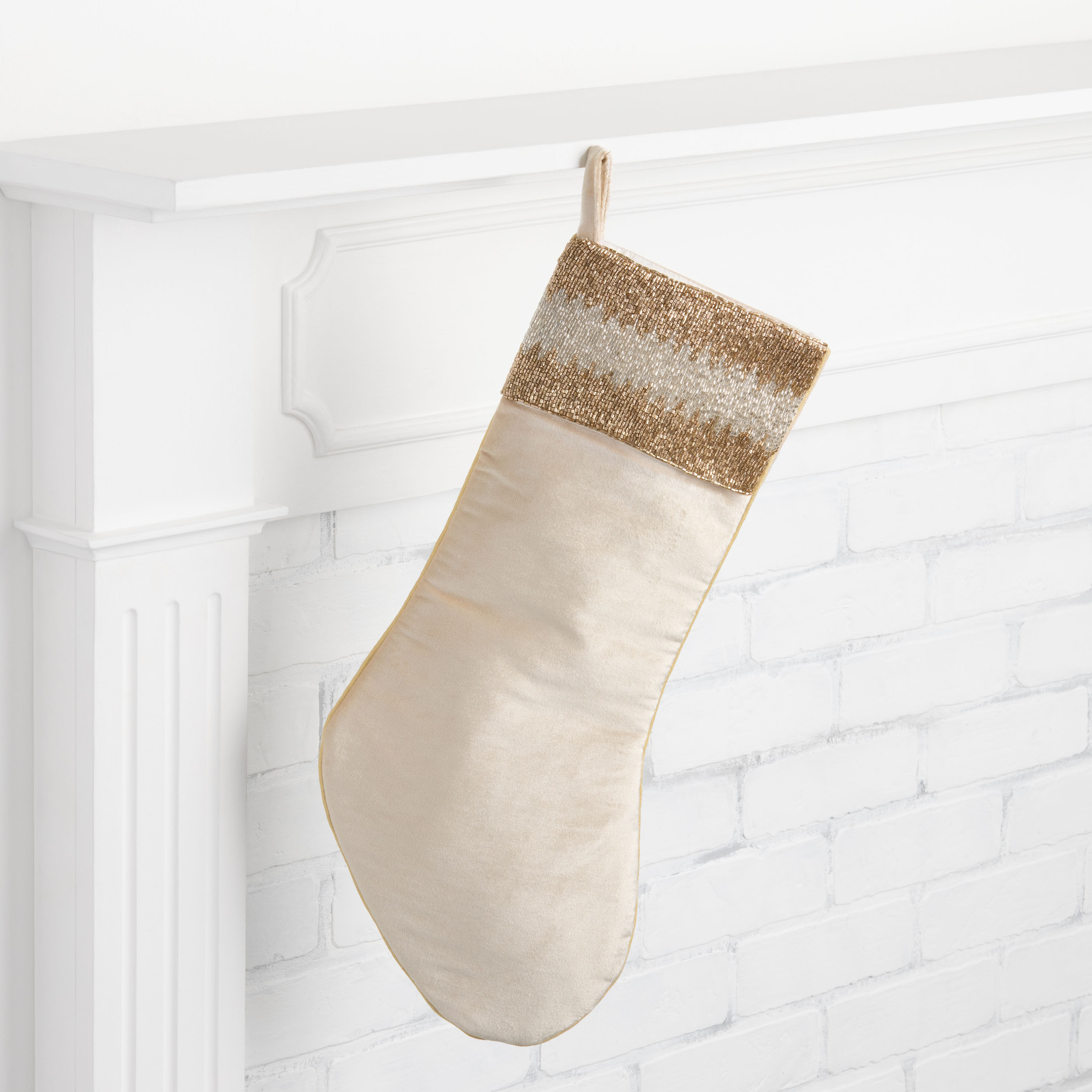 Champagne Crushed Velvet Beaded Christmas Stocking | World Market