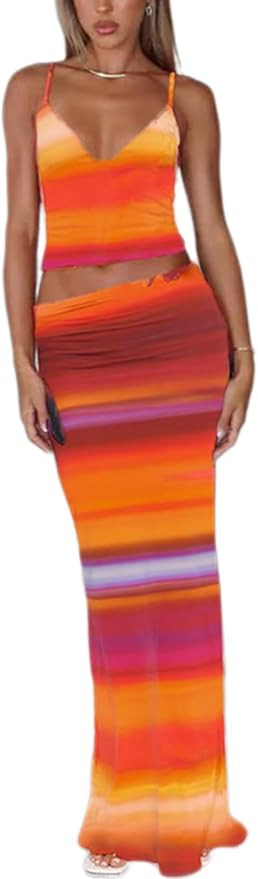 ksotutm Maxi Skirt Set Floral Print Halter Top Maxi Skirt Sexy Going Out Outfits for Women | Amazon (US)