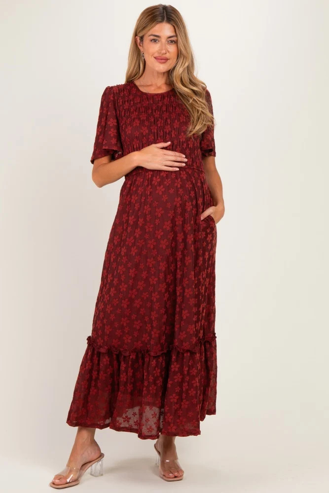 Merlot Smocked Bodice Tiered Maternity Dress - Large | PinkBlush Maternity