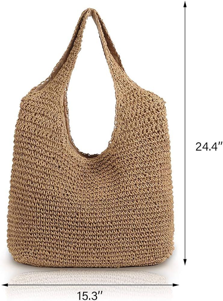 QTKJ Hand-woven Soft Large Straw Shoulder Bag Boho Straw Handle Tote Retro Summer Beach Bag Rattan H | Amazon (US)