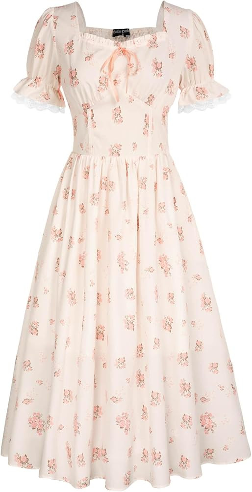 Scarlet Darkness Women Victorian Cottagecore Dress Vintage Floral Puff Sleeve Ruffled Tiered Dres... | Amazon (UK)