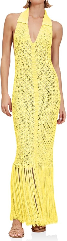 Saodimallsu Womens Halter Crochet Cover Up Fringe Sexy Backless Sleeveless V Neck Collared Vacati... | Amazon (US)