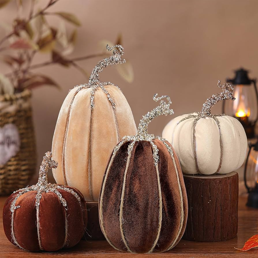 Vicenpal 4 Pcs Fall Velvet Pumpkins Set Large Brown Fake Glittered Flocked Foam Pumpkin for Autum... | Amazon (US)
