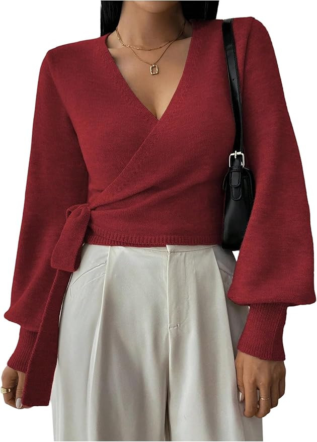 SOLY HUX Women's Long Sleeve V Neck Wrap Belted Sweater Elegant Office Knitted Crop Tops Fall Out... | Amazon (US)