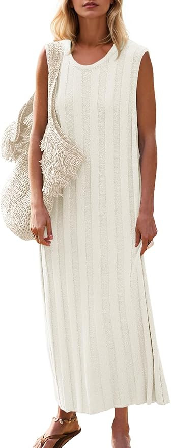 Fisoew Women's Summer Sleeveless Maxi Dress Scoop Neck Ribbed Knit Tank Top Dresses | Amazon (US)