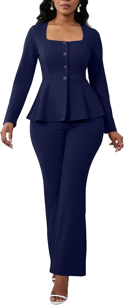 Ekaliy Women's 2 Piece Pants Suit Long Sleeve Blazer Flare Pant Set Casual Office Work Outfits | Amazon (US)
