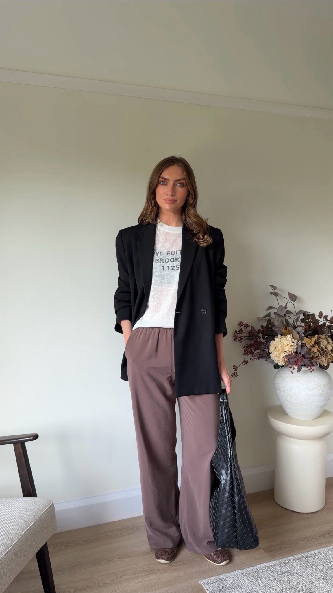 Toteme black blazer (sample sale purchase) I have added similar
Topshop long sleeve slogan t-shirt, small 
Small Long in the Abercrombie brown trousers - I’m 5 ft 6
Adidas snakeskin japan trainers
Very black woven bag