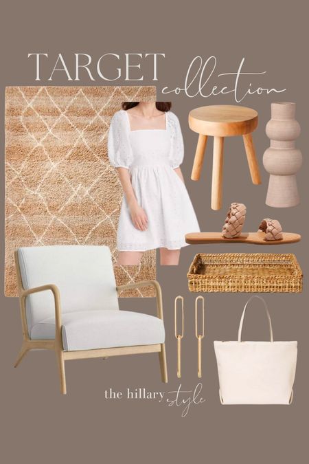 Target Collection: Neutrals for Spring. Area rug, accent chair, white dress, tote bag, wood stool,  woven sandals, woven tray, gold earrings.

#LTKhome #LTKSeasonal #LTKstyletip