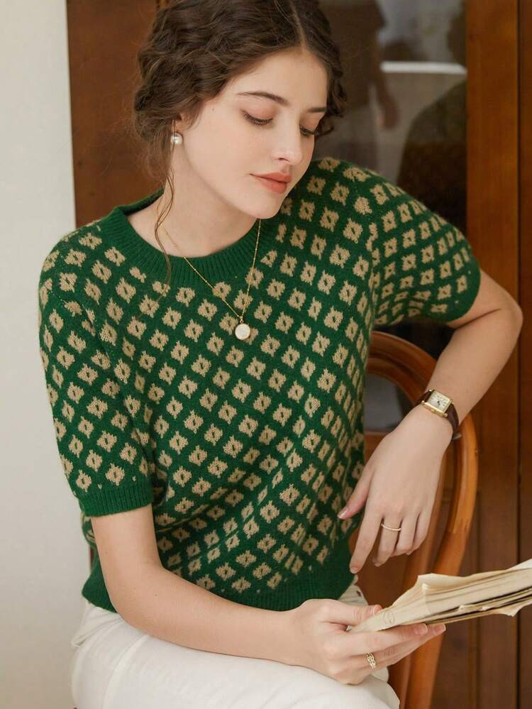 Knit Mix French Style Women's Knitted Commuter Sweater With Floral Pattern, Short Sleeve Color Bl... | SHEIN