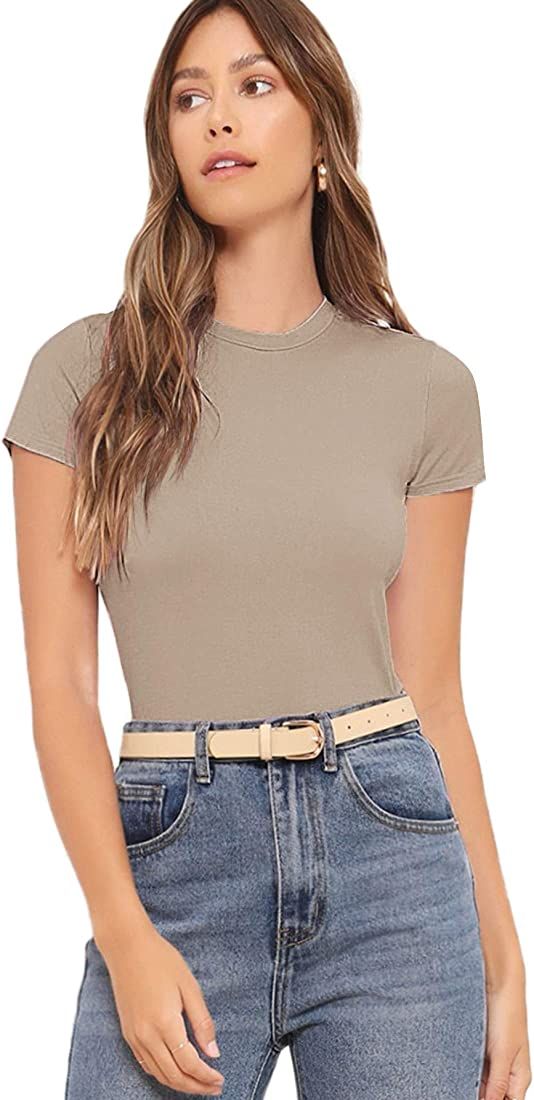 SheIn Women's Basic Plain Round Neck Short Sleeve Stretchy T-Shirts | Amazon (US)