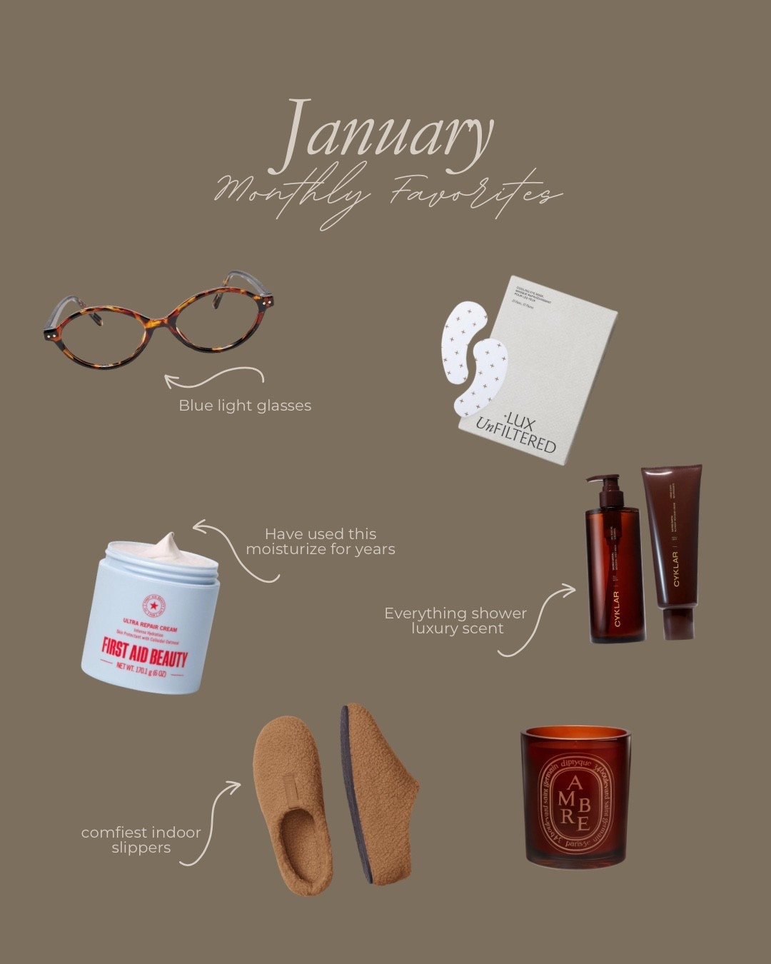 January Monthly Favorites

Eye masks, moisturizer, blue light glasses, indoor slippers, candle 

#LTKselfcare #LTKmorningroutine #LTKgrwm