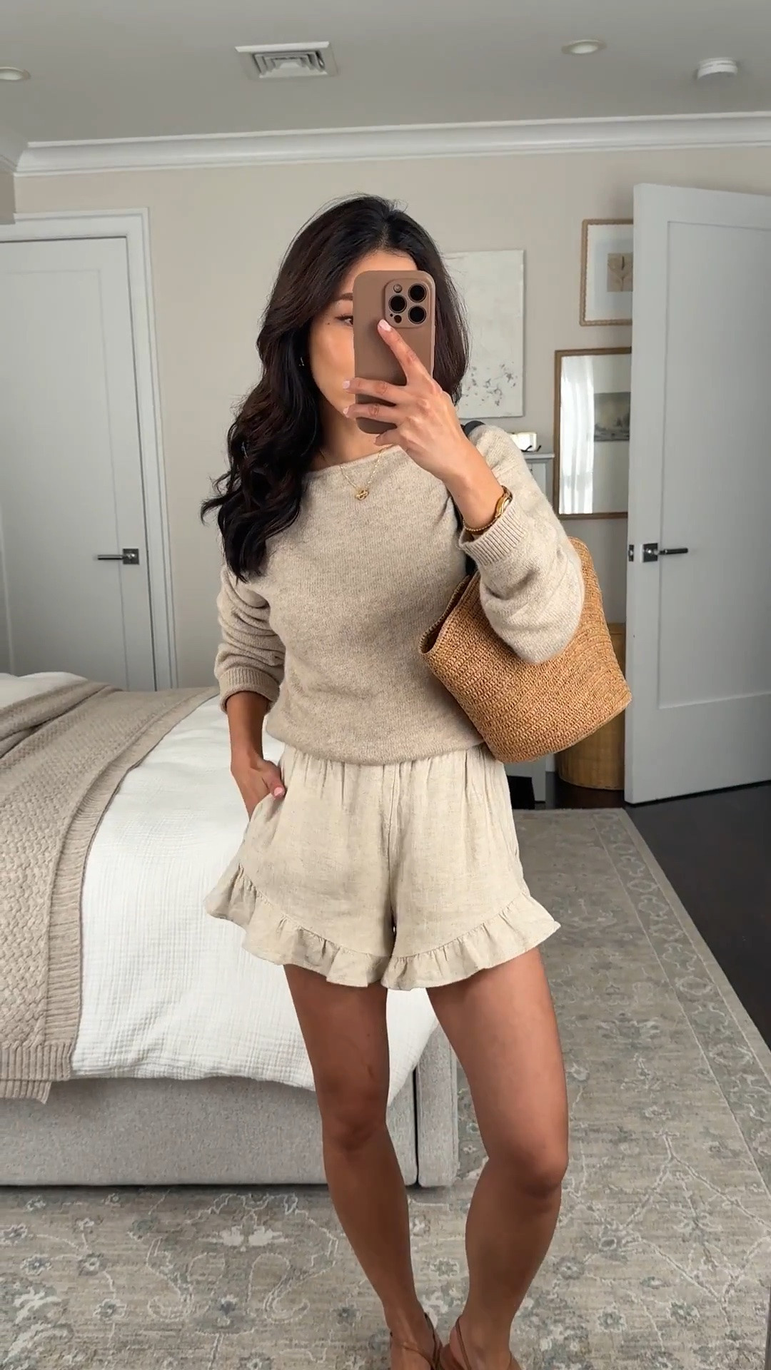 On sale! • Ruffle linen blend Short xxs - lined, TTS and petite friendly

• Merino Wool-Blend Sweater xxs - relaxed fit with a boat neckline, sleeves are long on me

• Marc Fisher strappy sandals 5.5, TTS and comfy for me with no issues. Some others have found front strap to be narrow so can go up if between half sizes 

• sezane tote  convertible straps 

Linen shorts,  spring summer outfit, easy mom outfits

#LTKPetite #LTKSaleAlert