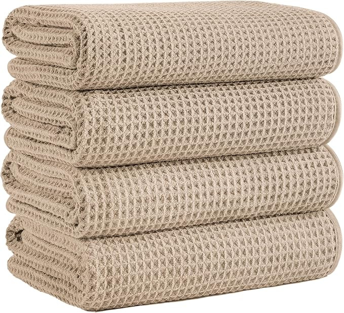 Microfiber Waffle Bath Towels, 4 Pieces, Soft, Absorbent, Fast Drying, Lint Free 430 GSM (Beige) | Amazon (US)