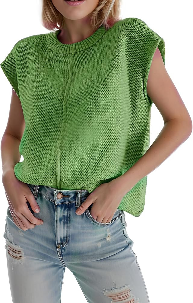 Womens Cap Sleeve Sweater Casual Sweater Vest Sleeveless Pullover Sweater Loose Fit Sweater Tops ... | Amazon (US)