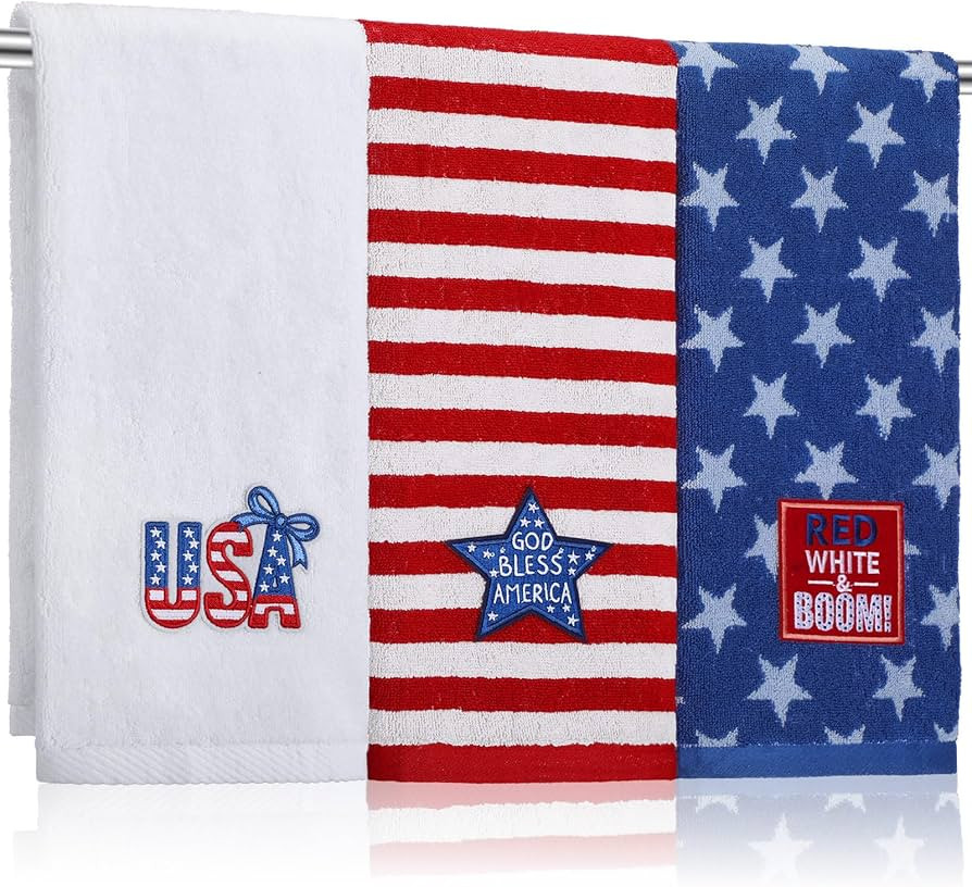 SmoothNovelty Set of 3 Memorial Day Hand Towels for Bathroom, Patriotic American Flag Red White B... | Amazon (US)