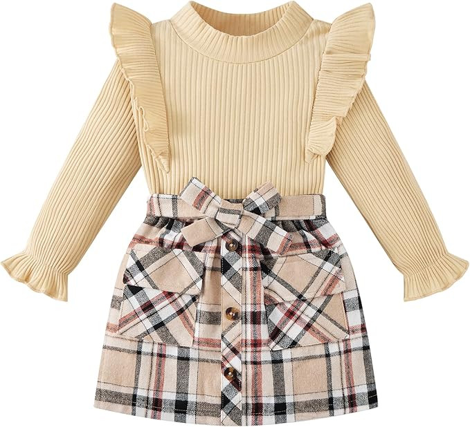 Weixinbuy Toddler Girl Fall Winter Clothes Solid Long Sleeve Ribbed T-Shirt Knit Tops Plaid Butto... | Amazon (US)