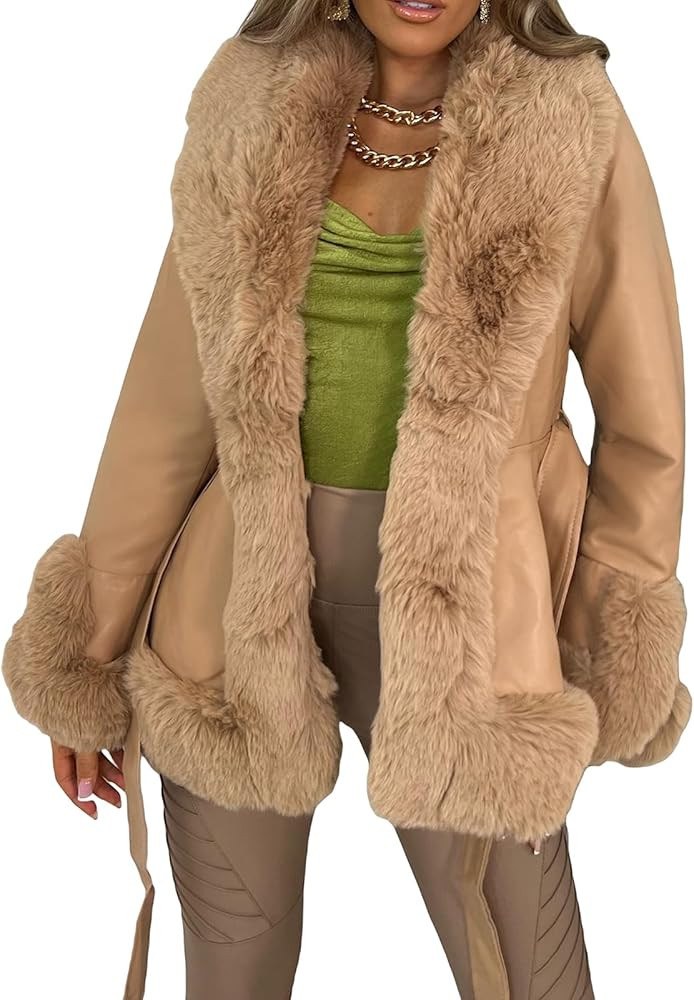 Women Faux Leather Open Front Jacket with Faux Fur Winter Long Sleeve Furry Trim Peplum Parka Coa... | Amazon (US)