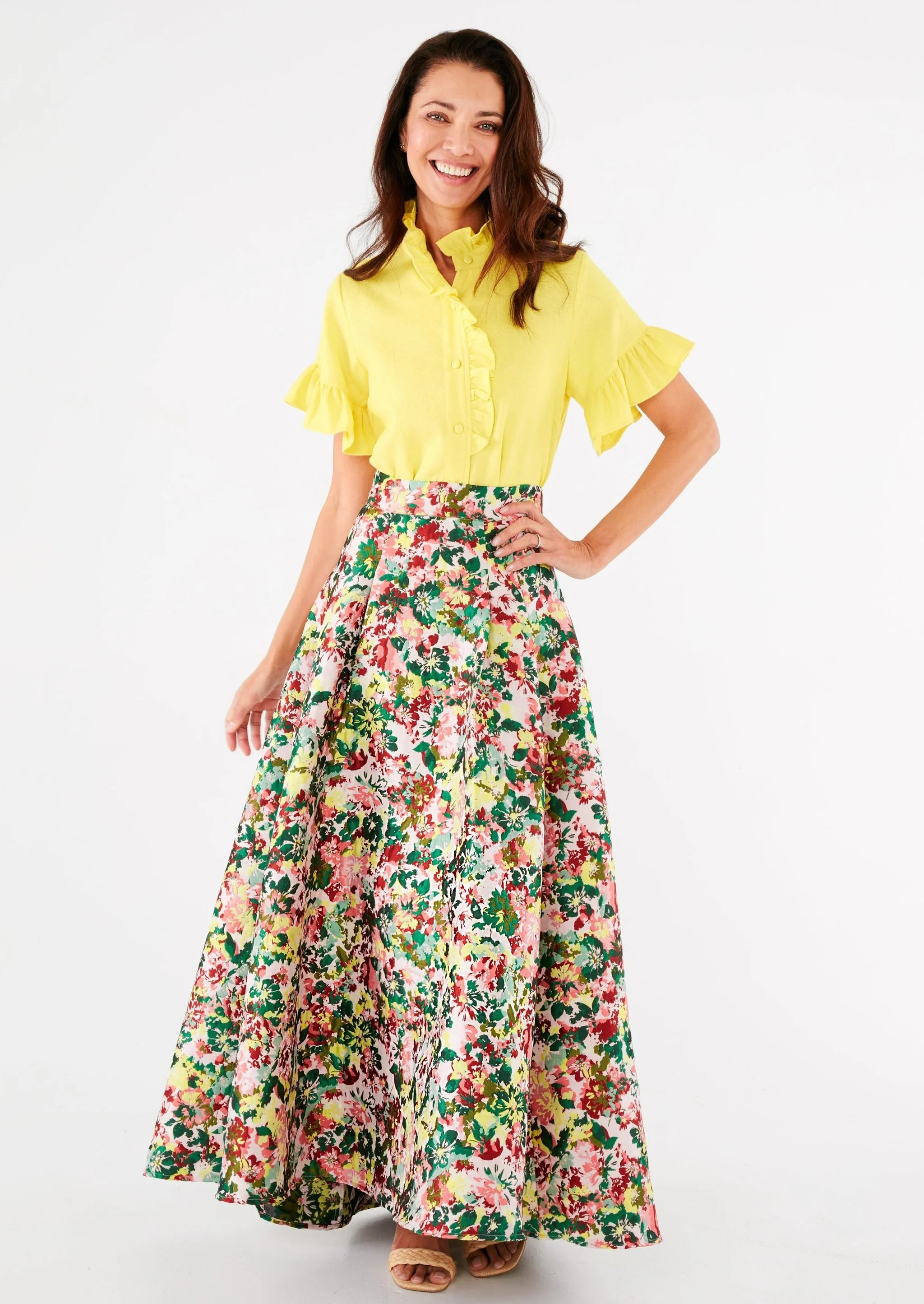 Olivia Skirt Red Multi Abstract Floral Jacquard | Abbey Glass