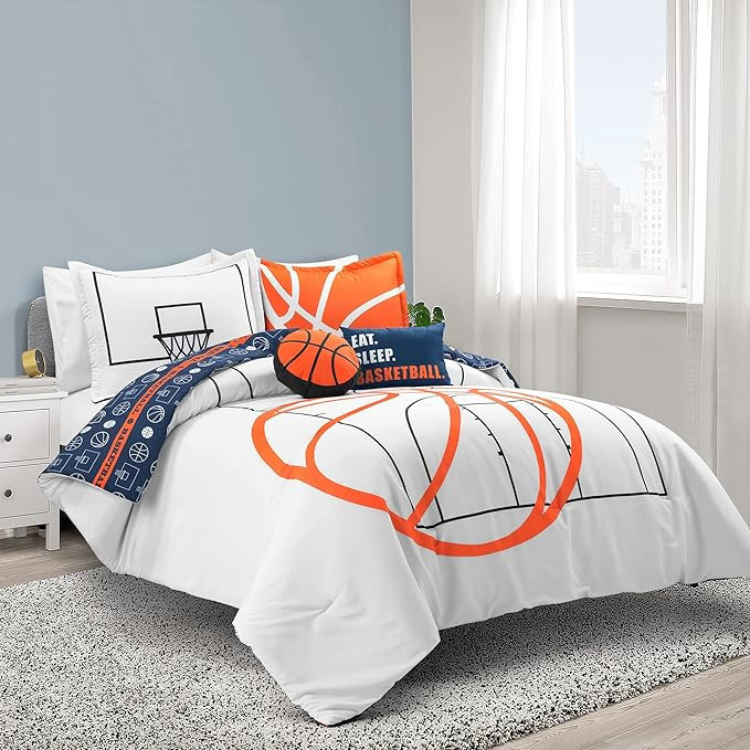 Lush Decor Basketball Game Reversible Oversized 5 Piece Comforter Set, Full/Queen, White & Navy | Amazon (US)