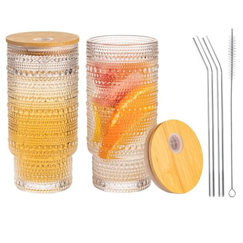 MRZIKPO Drinking Glasses with Bamboo Lids and Glass Straw 2pcs Set,16oz Glass Tumbler Cups,Water Glasses,Iced Coffee Glasses,iced Tea Glasses,Beer Glasses,Ideal for Whiskey,1 Brushes | Amazon (US)