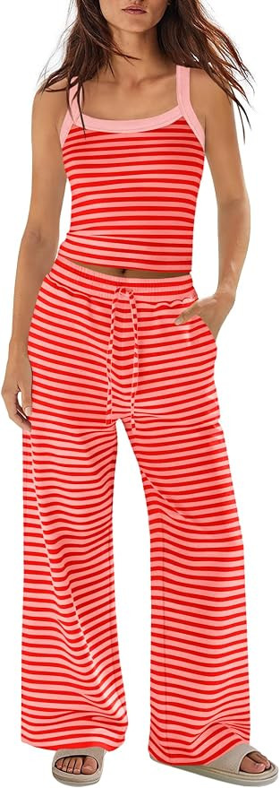 Panadila Womens Two Piece Sets Summer Striped Lounge Set Spaghetti Strap Tank Top Drawstring Pant... | Amazon (US)