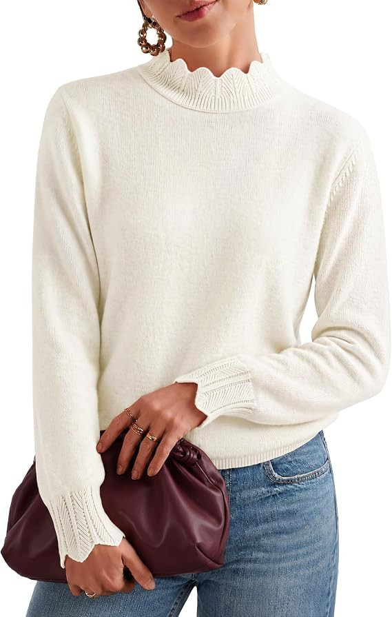 ZESICA Fall Mock Neck Long Sleeve Pullover Sweaters for Women | Puff Sleeve, Scalloped, Loose Fit... | Amazon (US)