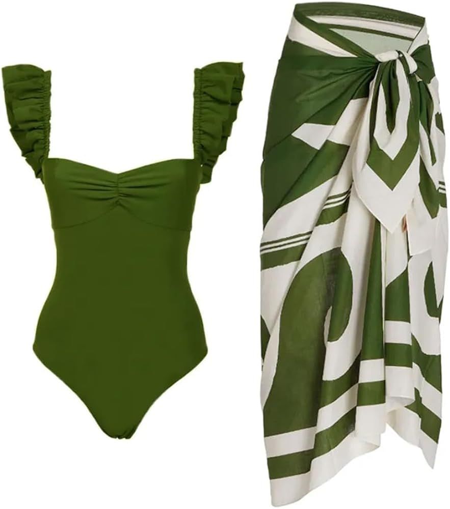 LWomen's One Piece Swimsuit with Beach Cover up Wrap Skirt Sarong Retro Floral Print Bikini... | Amazon (US)