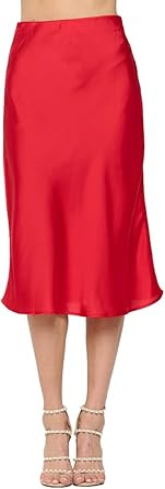 Women Solid High Waist Silky Casual Elastic Satin Midi Skirt -Made in USA (Available in Plus Size... | Amazon (US)